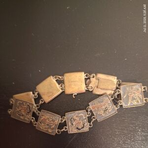 Vintage Square Damascene Link Bracelet Flowers Birds Gold Tone; Asian